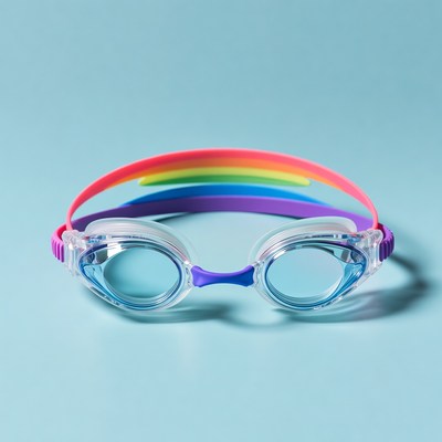 Rainbow Swim Goggles on Blue Background