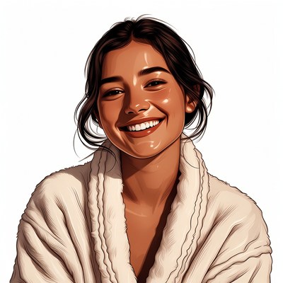 Smiling Asian woman in white robe
