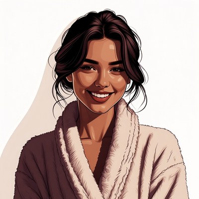 Smiling Asian woman in fluffy robe
