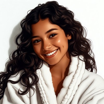 Smiling woman in white robe