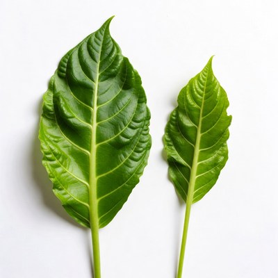 Two green leaves on white background