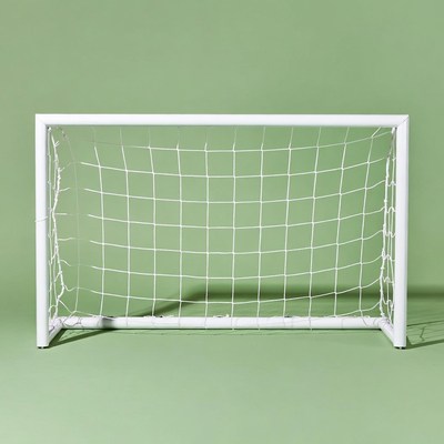 White soccer goal on green background