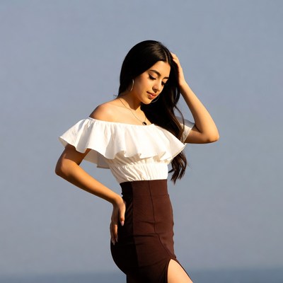Latina woman in white off-shoulder top