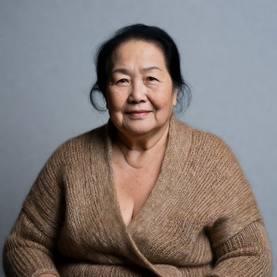 Elderly Asian woman in brown sweater