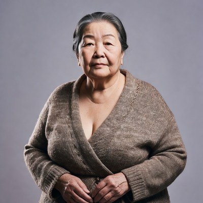 Elderly Asian woman in brown sweater