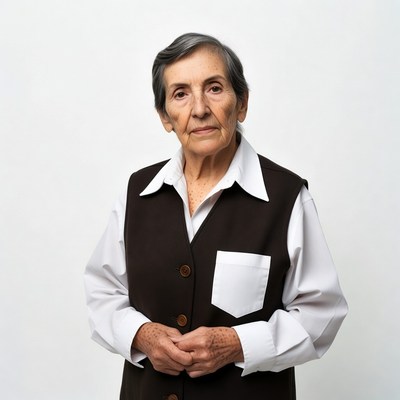 Elderly woman in brown vest