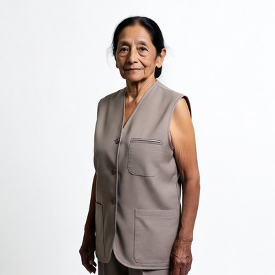 Elderly Asian woman in gray vest