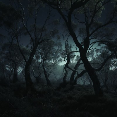 Dark Twisted Trees in Night Forest