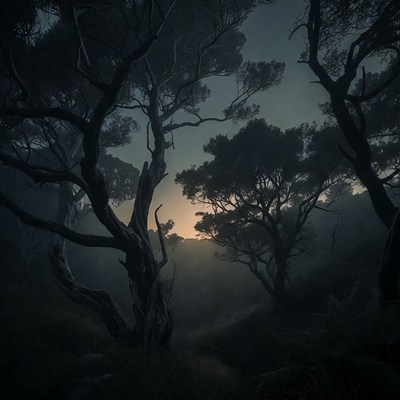 Dark Twisted Trees in Foggy Forest
