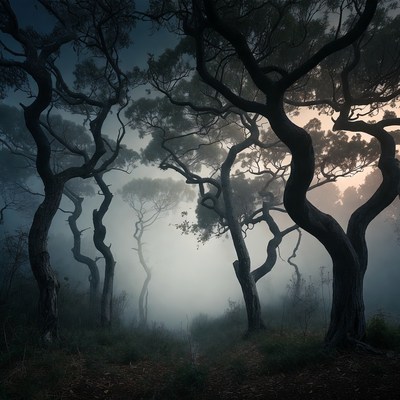 Misty Twisted Trees in Dark Forest