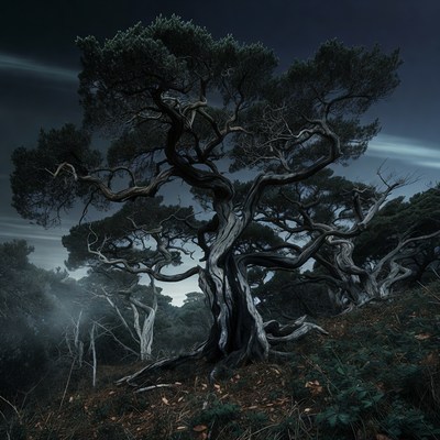 Twisted Pine Tree in Dark Foggy Forest
