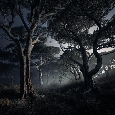 Misty Dark Twisted Pine Forest