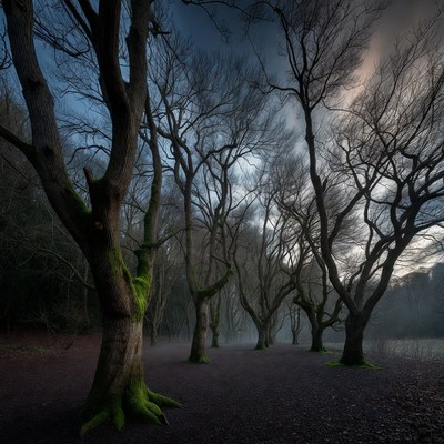 Misty Mossy Trees in Dark Forest