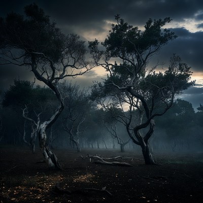 Dark Foggy Forest with Twisted Trees