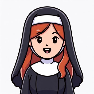 Smiling cartoon nun with red hair
