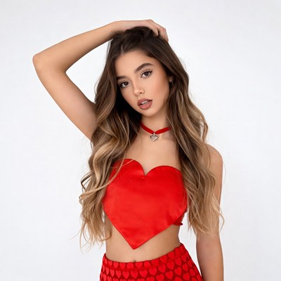Woman in red heart top and skirt