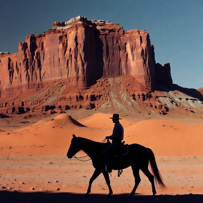Cowboy riding horse near red rock mountains