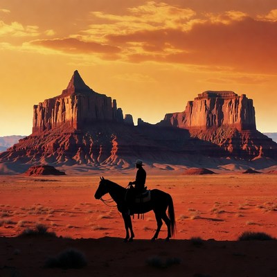Cowboy on Horseback Sunset Silhouette