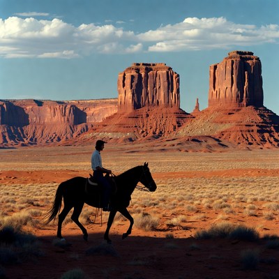 Cowboy riding horse near red rock formations