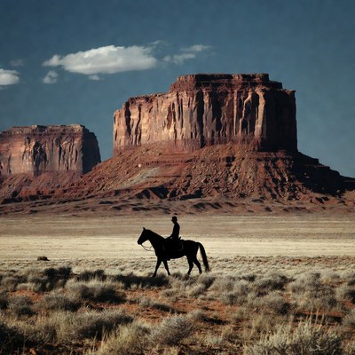Cowboy riding horse near red rock mesa