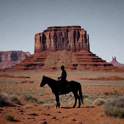 Cowboy riding horse near red rock mesa