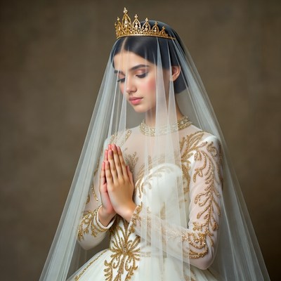 Bride Praying in Gold Wedding Dress
