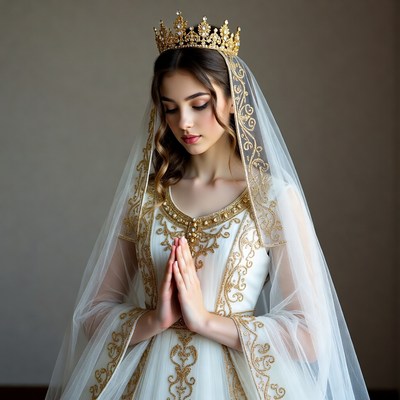 Young woman praying in gold crown and gown