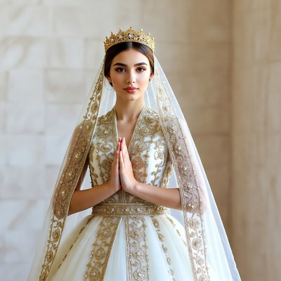 Bride in gold crown praying hands