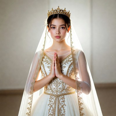 Asian girl praying in ornate wedding gown