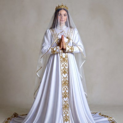 Bride in white gown with crown praying