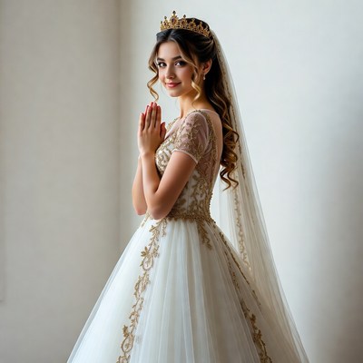 Bride in gold-trimmed gown praying