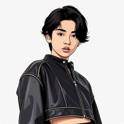 Asian woman in black leather jacket illustration