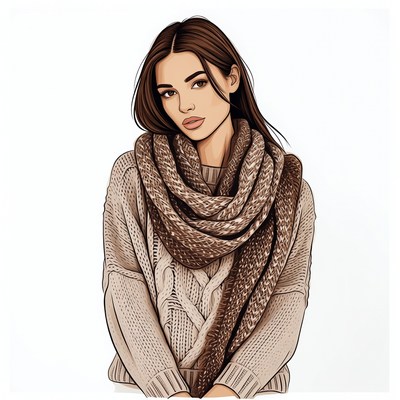 Woman in knitted sweater and scarf