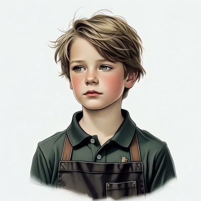 Blonde boy in green apron