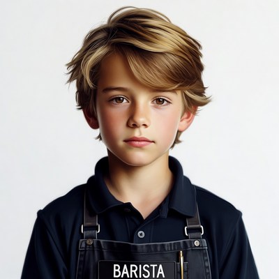 Young boy barista with apron