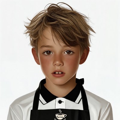 Boy wearing barista apron