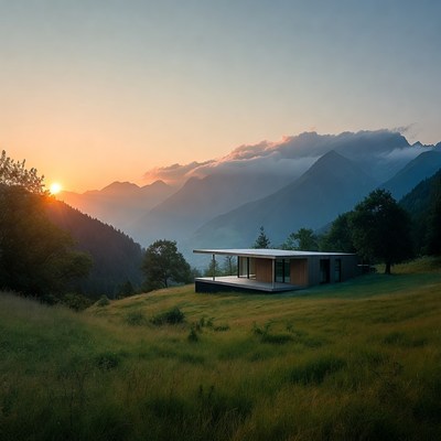 Modern House on Mountain Meadow at Sunset