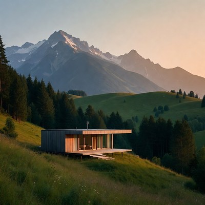 Modern Wooden Cabin on Mountain Hillside