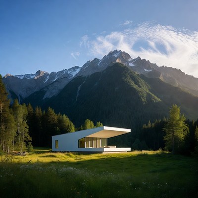 Modern White House in Snowy Mountains