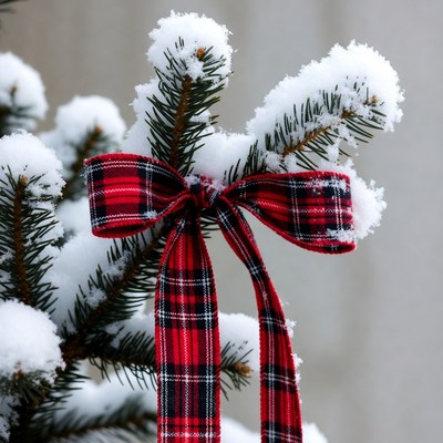 Snowy Christmas Tree with Red Plaid Bow