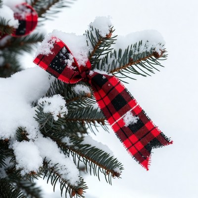 Snowy Christmas Tree with Plaid Bow