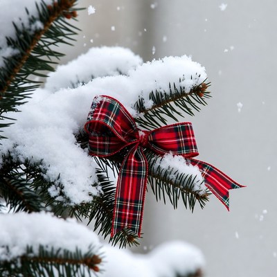 Snowy Pine Branch with Red Plaid Bow