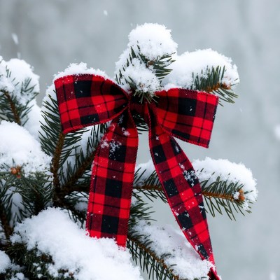 Red Plaid Bow on Snowy Christmas Tree