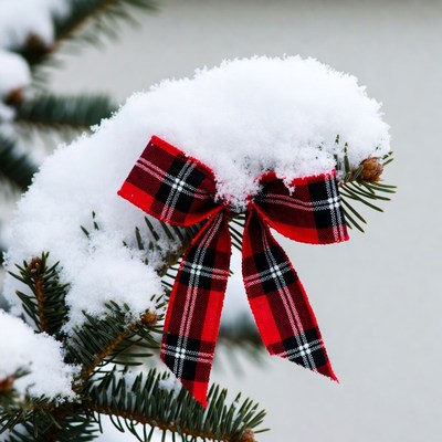 Snowy Christmas Tree with Red Plaid Bow