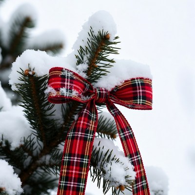 Red Plaid Bow on Snowy Pine Branch