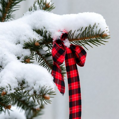 Snowy Christmas tree branch with red plaid bow