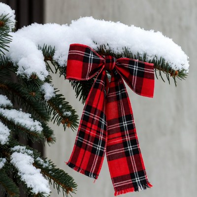 Red Plaid Bow on Snowy Tree Branch