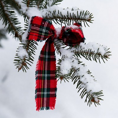 Snowy Pine Branch with Plaid Bow