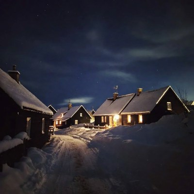 Snowy Cottages Under Northern Lights