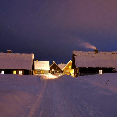 Snowy Wooden Cabins Under Starry Night Sky